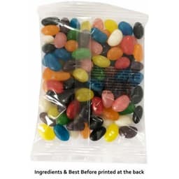 A clear bag filled with colourful jelly beans in various shapes and sizes, featuring a logo on the packaging.