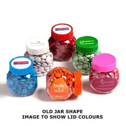A collection of plastic jars filled with multicoloured choc beans, featuring various coloured lids and a logo on each jar.