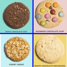 Four cookie varieties displayed on a pastel background: Triple Chocolate Chip, Rainbow Chocolate Chip, Chewy Anzac, and White Chocolate Macadamia.