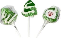 Small Christmas tree lollipops in green and white spiral design, featuring a logo on one wrapper.