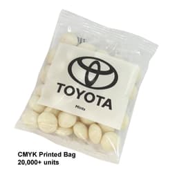 A clear bag containing white mints, featuring a logo on the front.