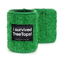 A drink bottle cooler in bright green, resembling astro turf, with a logo on a black patch.