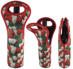 A single wine bag featuring a floral design with red and white tulips, equipped with a handle and a logo.