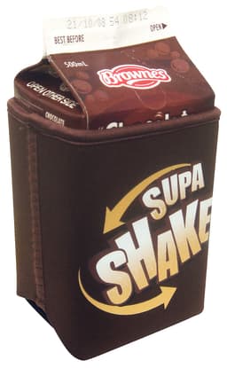 A brown milk carton holder featuring a logo, designed for 500 ml cartons, with a chocolate theme.