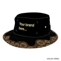 A black sublimated bucket hat with a colourful, patterned trim and a space for branding.