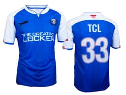 A unisex soccer style t-shirt in blue and white with a logo and the number 33 on the back.