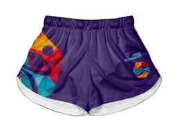 Vibrant purple sports shorts with a colourful geometric design and a branding logo on the side.
