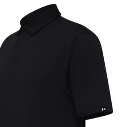 A men’s polo shirt in solid black with a collared neck and short sleeves, featuring a logo on the sleeve.