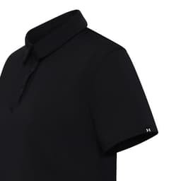 A women’s black polo shirt with a collar and short sleeves, featuring a logo on the side.