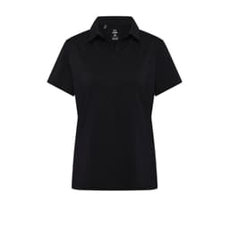 A women's black polo shirt with a collar and short sleeves, featuring a logo on the chest.