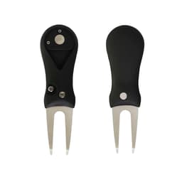 A black golf pitch repairer with a 25mm ball marker, featuring two prongs and a logo.