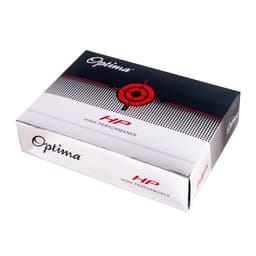 A box of Optima HP golf balls in black and white packaging, featuring a logo and a target design.