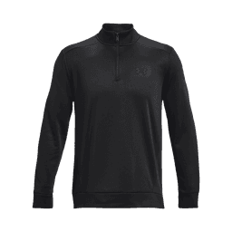 A black fleece 1/4 zip top for men, featuring a smooth finish and a logo on the chest.