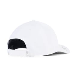 A white golf cap featuring a branded logo on the side and an adjustable strap at the back.