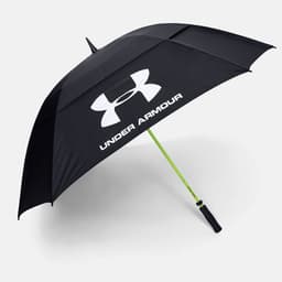 A black golf umbrella with a green handle, featuring a prominent logo. It has a large 68-inch canopy.