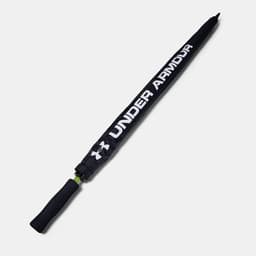 A black golf umbrella with a black handle, featuring a logo.