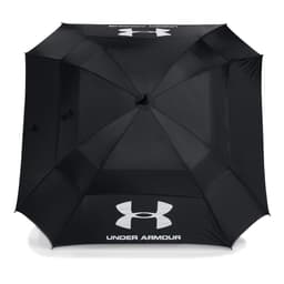 A black golf umbrella with a large canopy and a logo, designed for durability and coverage.