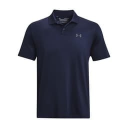 A navy polo shirt with a collar and short sleeves featuring a logo on the left chest area.