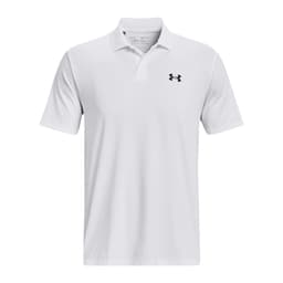 A white men's polo shirt featuring a small black logo on the chest.