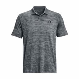 A grey striped men's polo shirt with a collar and a small logo on the chest.