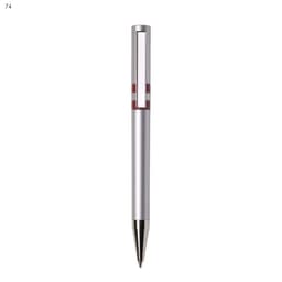 A plastic pen in silver with red accents and a shiny silver clip, featuring a logo on the barrel.