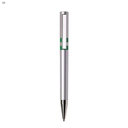 A silver plastic pen with a green accent and a cut-out design at the top. It features a chrome tip and has a logo.