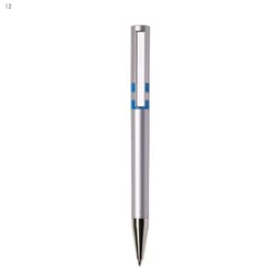 A silver plastic pen with a blue accent and a stylish cut-out design, featuring a metal nib.