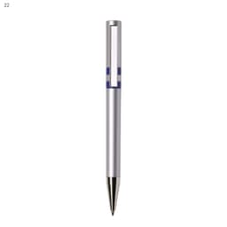 A silver plastic pen with a blue accent, featuring a sleek design and logo.