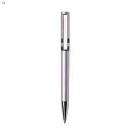 A silver plastic pen with a sleek design and a branding logo on the barrel.