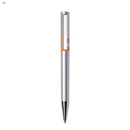 A silver plastic pen with an orange accent and a sleek design. It features a branding logo on the upper section.