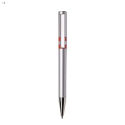 A silver plastic pen with a red accent and a unique cut-out design. It includes a logo on the barrel.