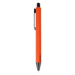 An orange metal pen with a black clip and tip, featuring a sleek design and simple branding.