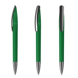 A green plastic pen with a shiny silver clip and tip, displayed from three different angles.