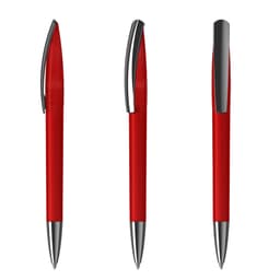 A set of three red plastic pens featuring a shiny chrome clip and accents. Each pen has a sleek, modern design.