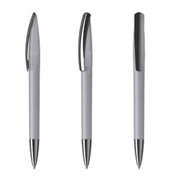A plastic pen in light grey with black accents, featuring a sleek design and a clip. It has a branding logo.