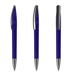A blue plastic pen with a shiny silver clip and tip, displayed from three angles.