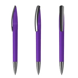 A purple plastic pen with silver accents, displayed from three different angles. It features a sleek design and a clip.