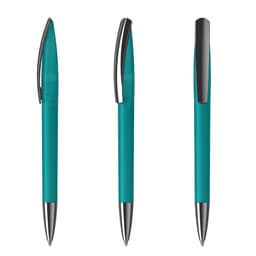 A set of turquoise plastic pens with silver accents, featuring different angles of the writing instruments and a logo.