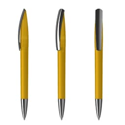 A yellow plastic pen featuring chrome accents, displayed from multiple angles. The pen includes a clip and a logo.