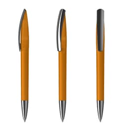 An orange plastic pen with a silver clip, displayed from three different angles. Features a branding logo.