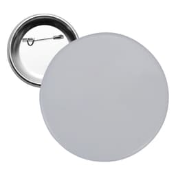A round 75mm button badge in silver with a glossy surface and a metal pin backing.
