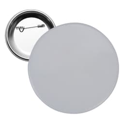 A round 25mm button badge in white with a metal backing and pin attachment.