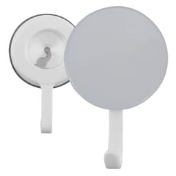 A round button badge in white, featuring a hook for attachment and a logo on the front.