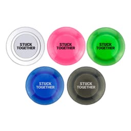 A set of five plastic button magnets in clear, pink, green, blue, and black colours, featuring "Stuck Together" text.