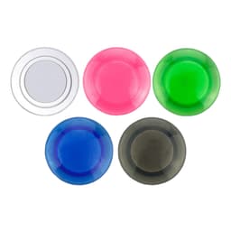A set of five plastic button magnets in clear, pink, green, blue, and black colours. Each has a circular shape.