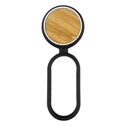 A drink bottle opener featuring a circular bamboo top and a black rubber grip, designed for easy use.