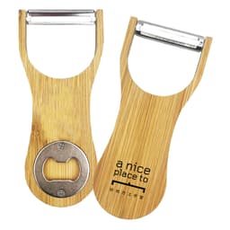 A bamboo peeler and bottle opener featuring a metallic blade and a circular bottle cap remover. The product has a natural wood finish.