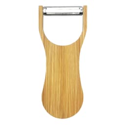 A bamboo bottle opener with a stainless steel blade. Features a simple, natural wood design. Includes a logo.