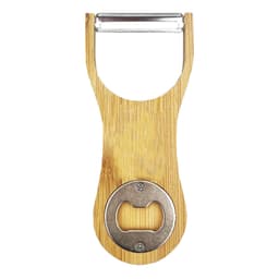 A drink bottle opener made of bamboo with a metal bottle cap opener at the base. It features a sleek design and has a logo.