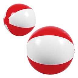 A beach ball featuring red and white panels, perfect for outdoor fun and games. Includes a logo.